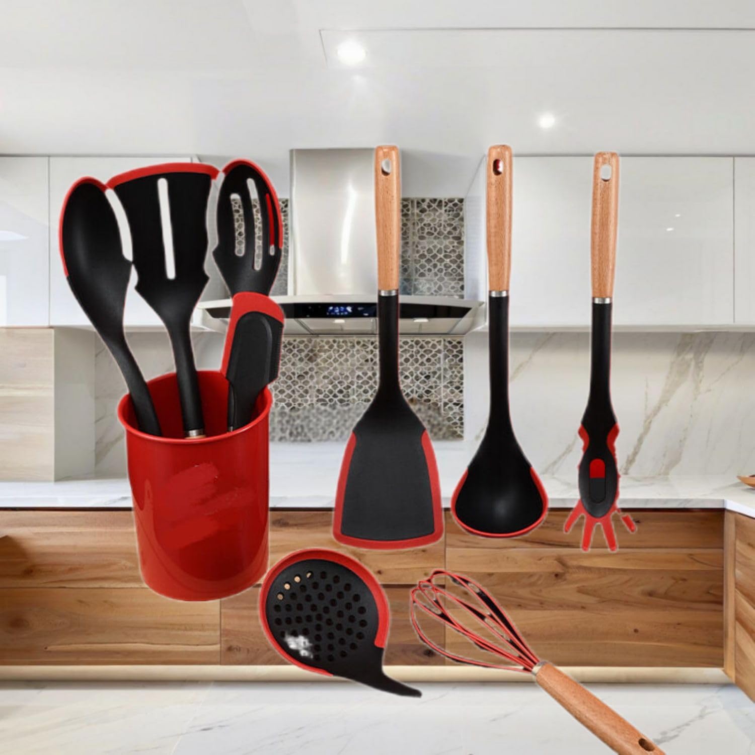 Kitchen Ceramic Cookware Sets, 木柄尼龙厨具9件套装 不粘锅耐高温厨房 Kitchen Gadgets, Cook Accessories 烹饪铲勺套装 KCookware Accessories - 1032