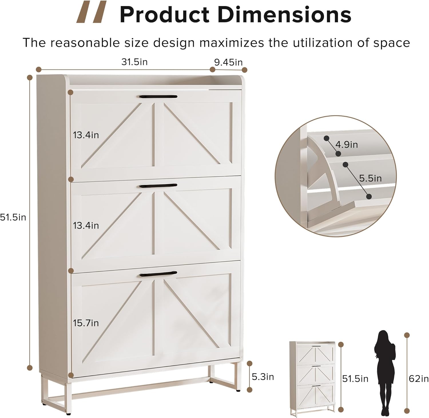 EOYUTLLY Shoe Cabinet Storage for Entryway, Narrow Shoe Rack with 3 Flip Drawers, Freestanding Hidden Shoe Rack Storage Organizer, Slim Shoe Cabinet White with Metal Legs