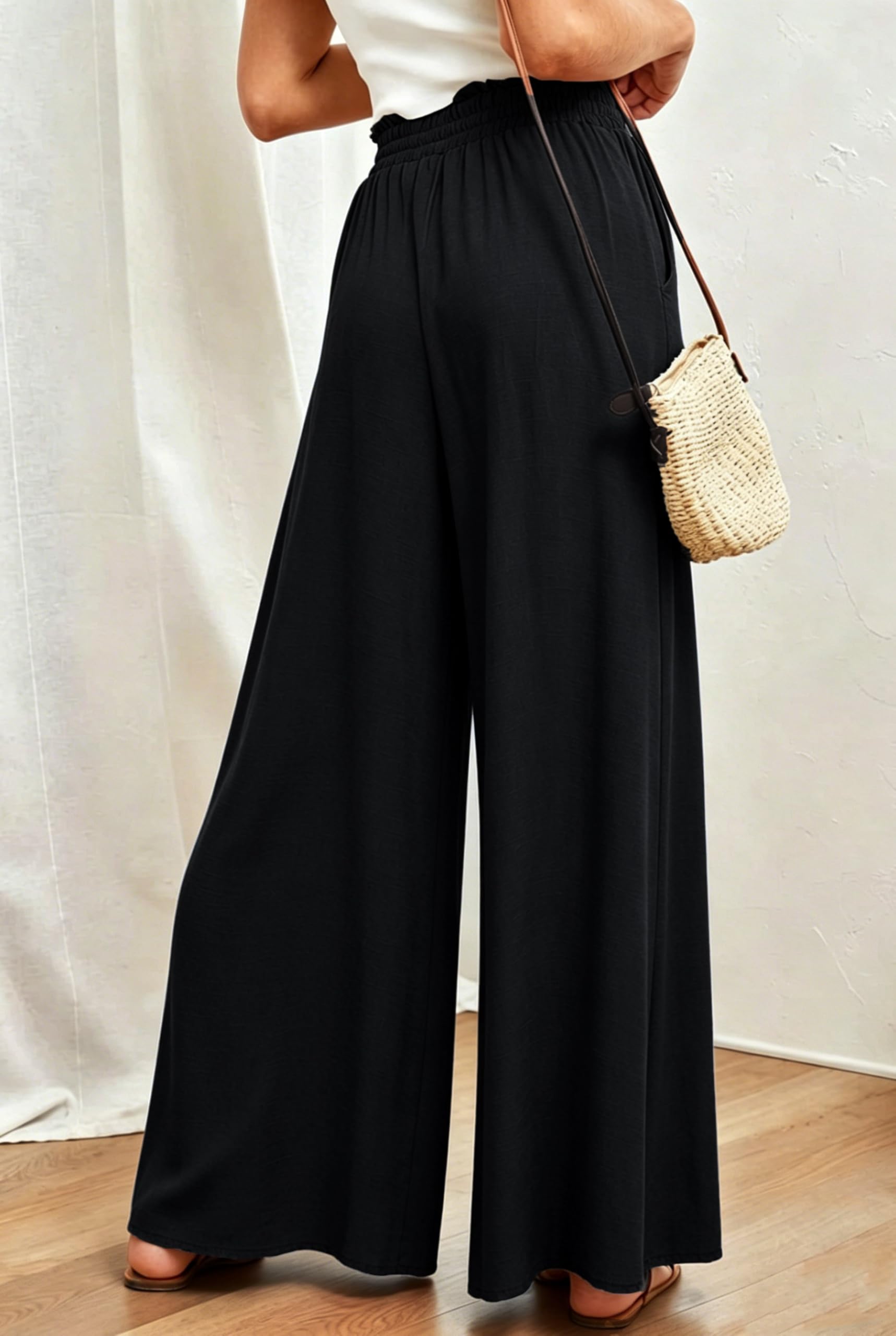 Pantaloni a Gamba Larga Donna Estivi Vita Alta Leggero Motivi Eleganti in Tessuto Pantaloni con Tasche Casual Pantaloni Boho Beach Larghi Leggeri