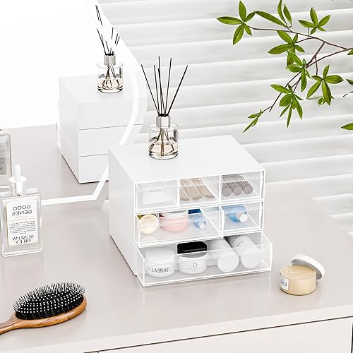 Miniatura 6 de Gonice Organizador de escritorio apilable de 3 niveles con 6 compartimentos, organizador de cajones apilables de plástico blanco para oficina,