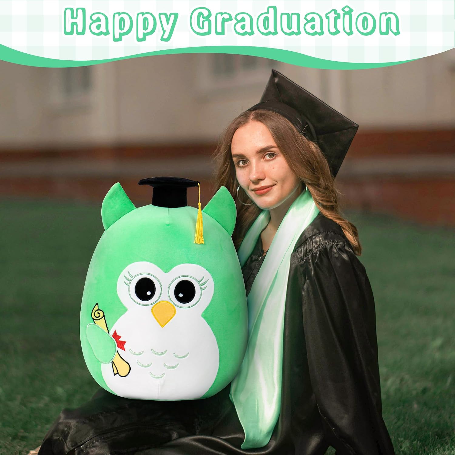 OurHonor Class of 2026 18in Graduation Stuffed Animal with Cap, Fringe & Diploma, Grad Gifts for Preschool, Kindergarten, Elementary, High School(Green Owl)