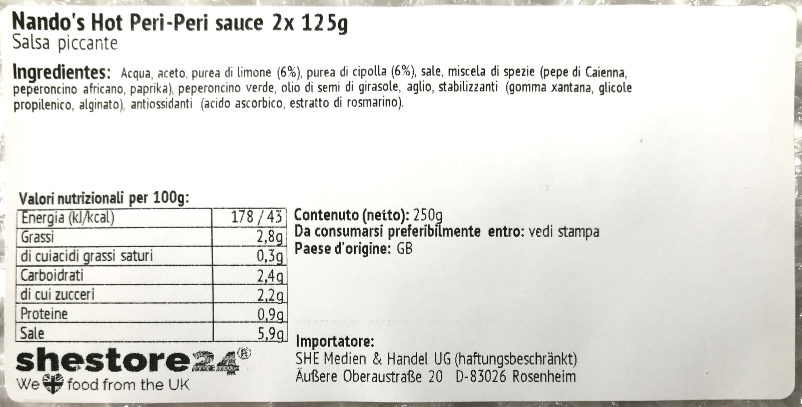 Nando's Hot Peri-Peri Sauce Salsa piccante Salsa di peperoncino 2X 125G - importata da Shestore24