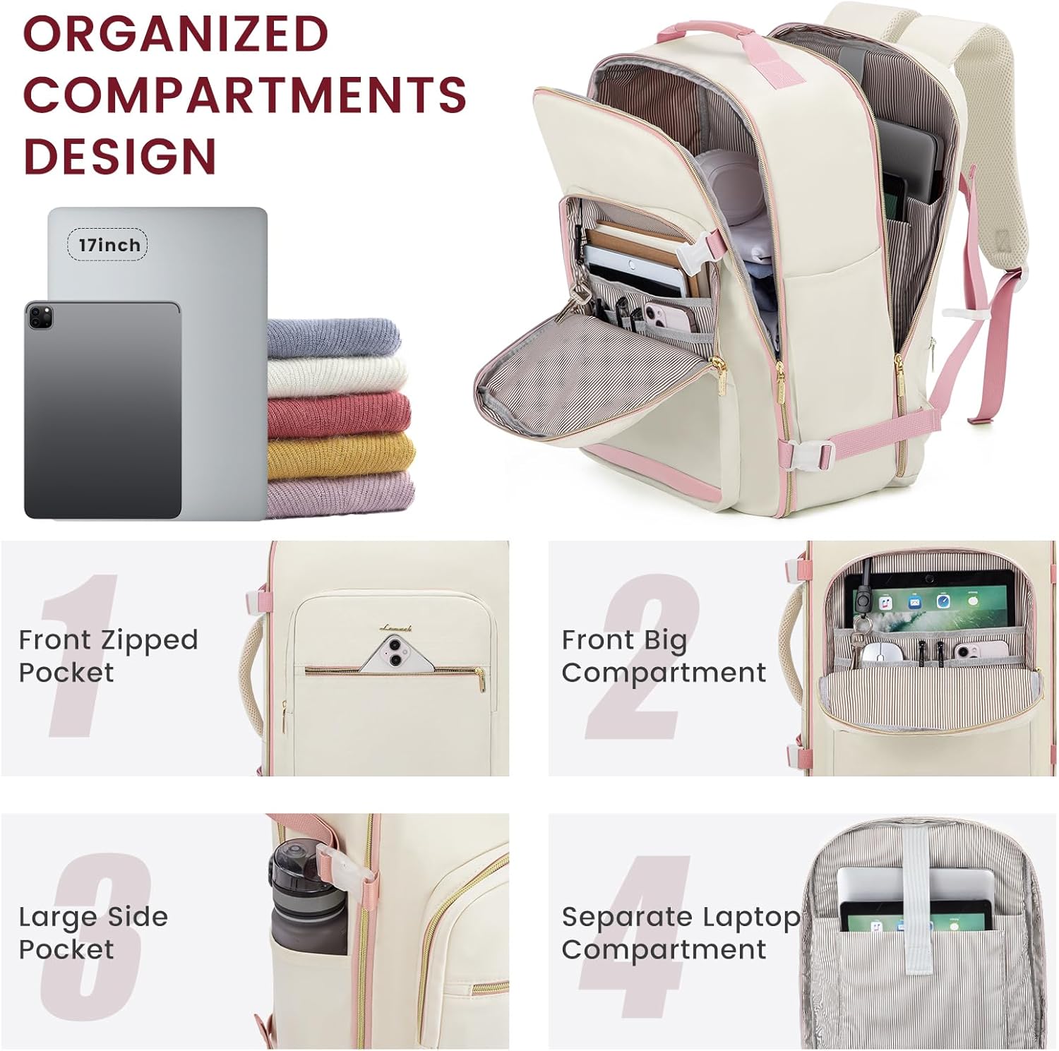 LOVEVOOK 40L Large Travel Backpack for Women Men, 17 Inch Carry on Backpack for Traveling on Airplane, Personal Item Travel Bag Airline Approved, Business Causal Weekender Backpack, Beige-Pink - Image 2