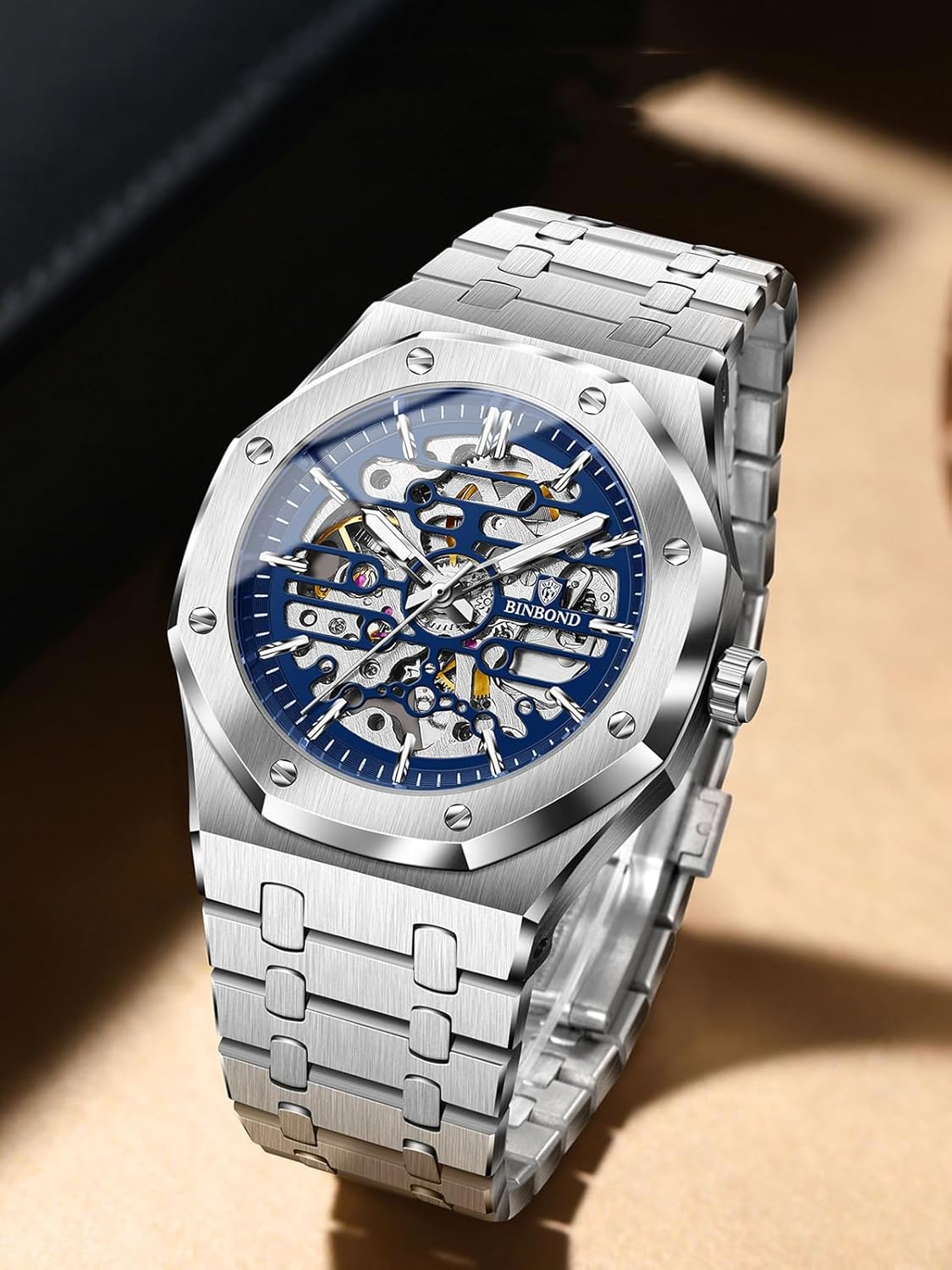 Men's Automatic Watch Skeleton Dial, 43mm Luminous Hands, Stainless Steel Bracelet, 30M Water Resistant Mechanical Wristwatch for Men - Image 8