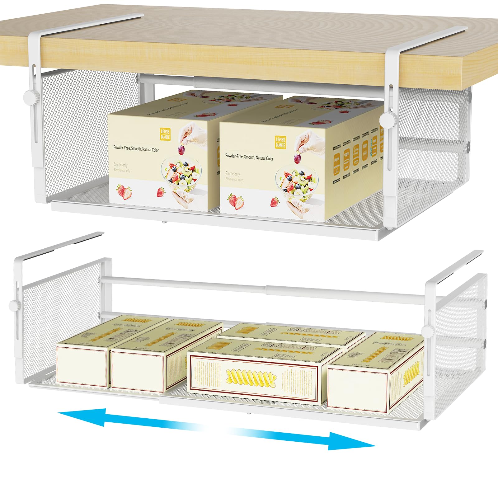 Shruntone 2Pack Under Shelf Basket Organizer,Adjustable Under Shelf Storage,Basket Shelves Length Stretchable 38-57.5cm(14.9-22.6inch) for Kitchen Pantry Desk Counter Bookshelf Cupboard (White)