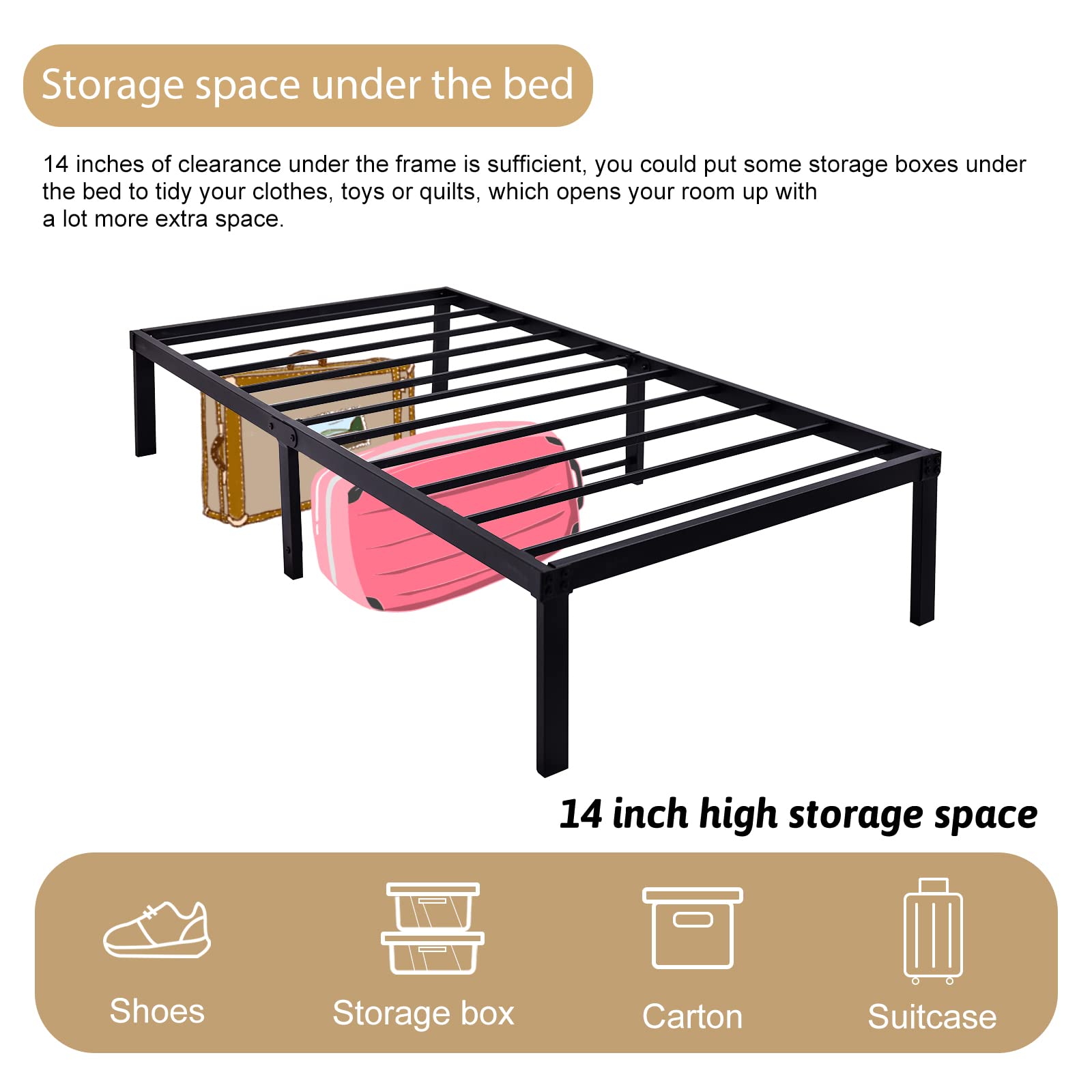 MOLATIN 14 Inch Metal Bed Frame,Heavy Duty Metal Platform Bed Frame
