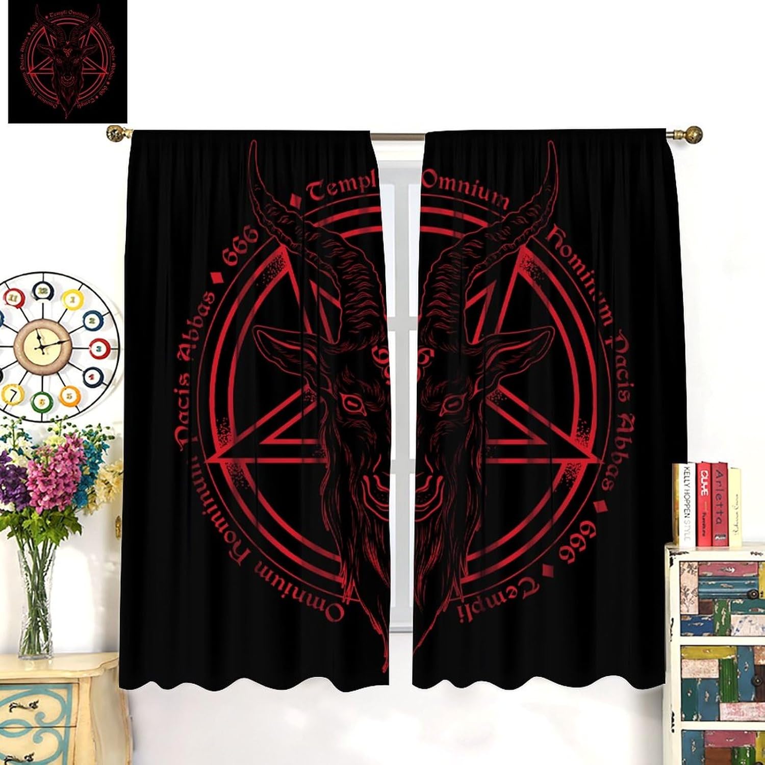 Satanic Goat Skull Curtains Demon Skeleton Fantasy Skull Satan Red Black Curtain with Rod Pocket for Bedroom Living Room Drapes Thermal Insulated Window Treatments 2 Panels Set 42x45 Inch