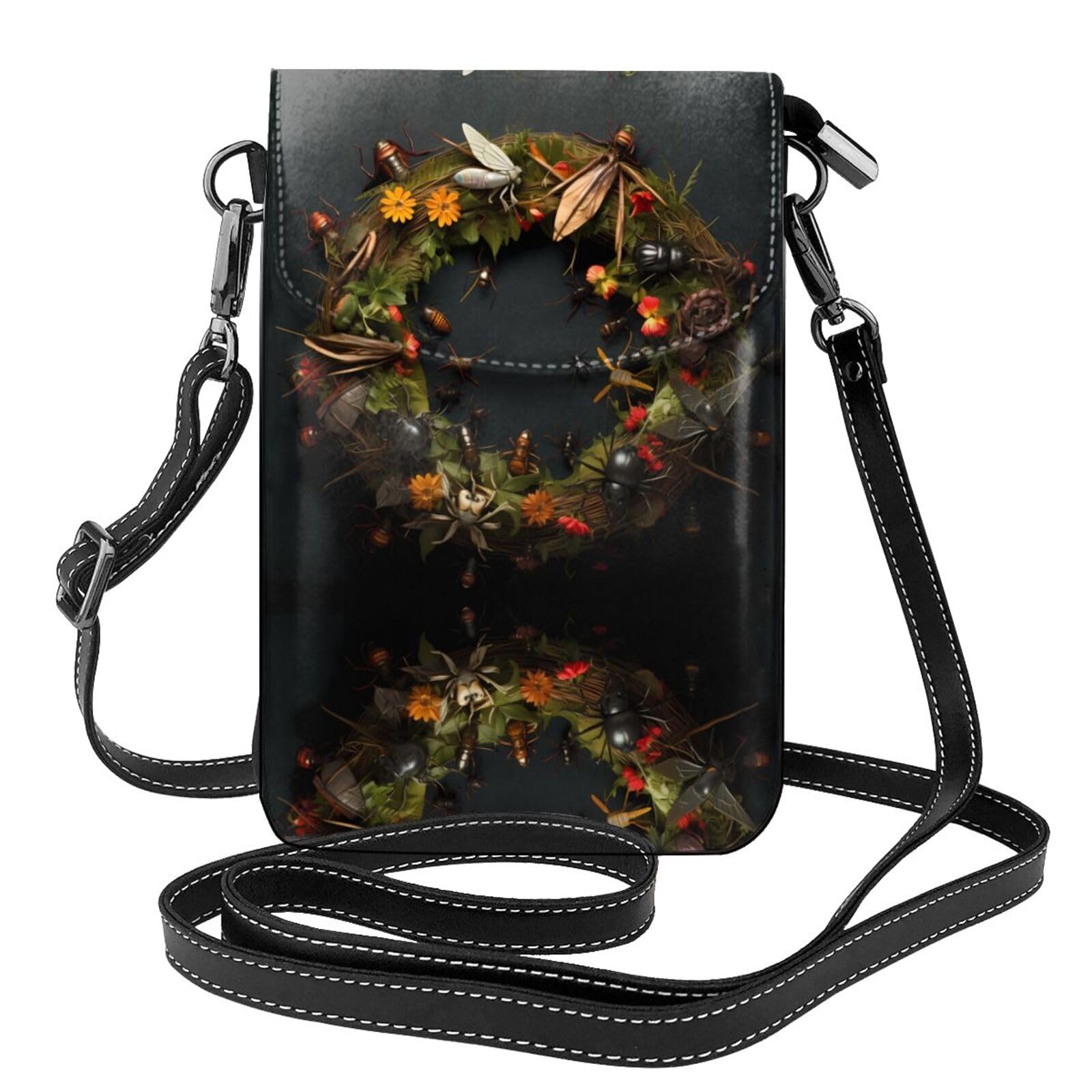 YYHHAOFA Women Small Cell Phone Purse Bug Wreath Prints Soft, Durable and Waterproof PU Leather Convenient for Daily use and Travel Black