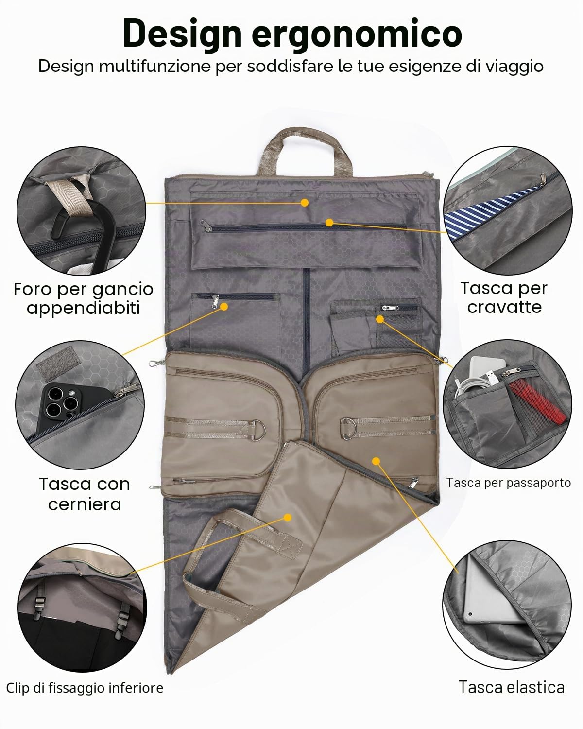 47L Borsa da Viaggio Pieghevole Uomo Donna, Borsa Porta Abiti Grande con Scomparto per Scarpe, Borse Sportivo Multitasche con Tracolla per Fine Settimana, Cachi