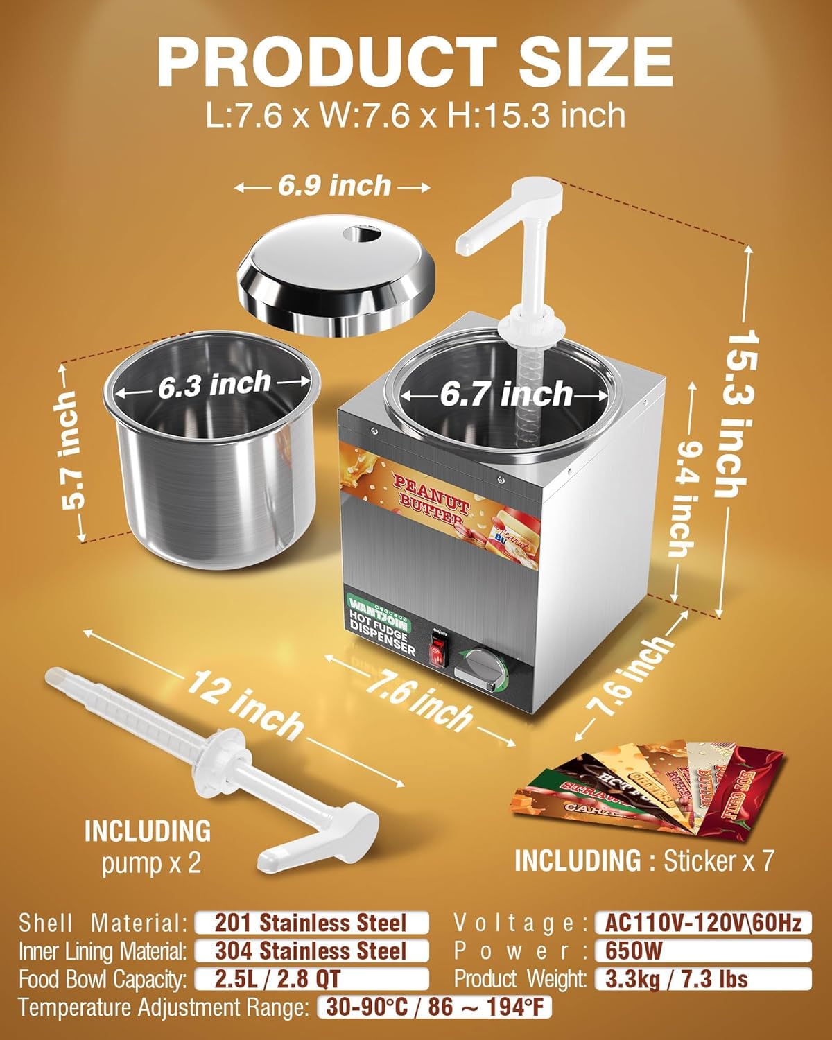 WantJoin Dispensador de queso Nacho con bomba, calentador de queso de acero inoxidable de 2,8 qt con 5 niveles de control de temperatura, dispensador comercial para jarabe de chocolate, salsa de queso