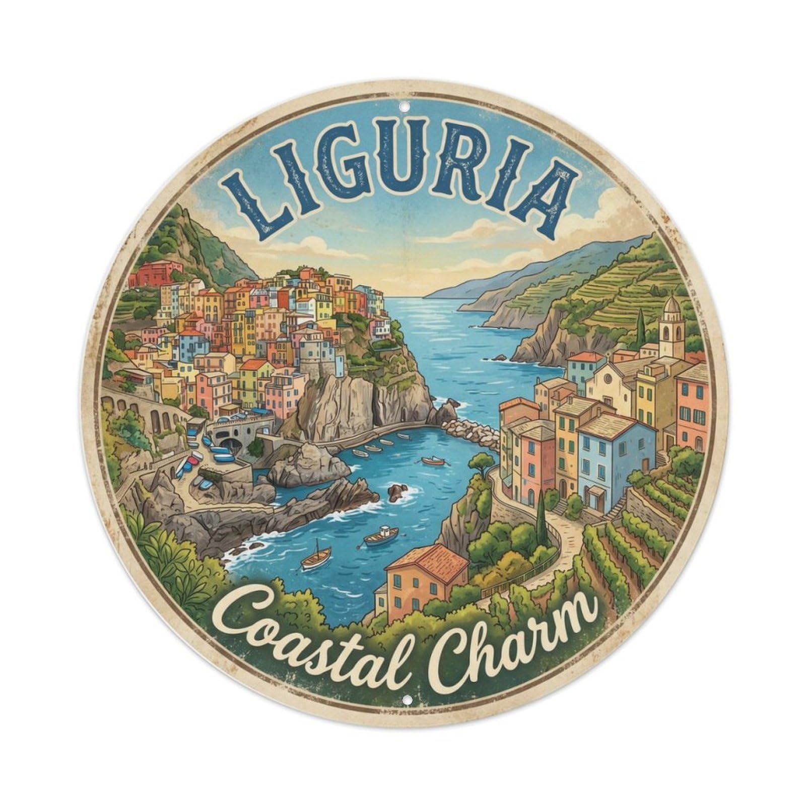 Vintage Travel Cinque Terre Coastal Metal Tin Sign Plaque Wall Decor for Cafe, Club Bar, Office, Home Garden Round Metal Poster 8x8Inch