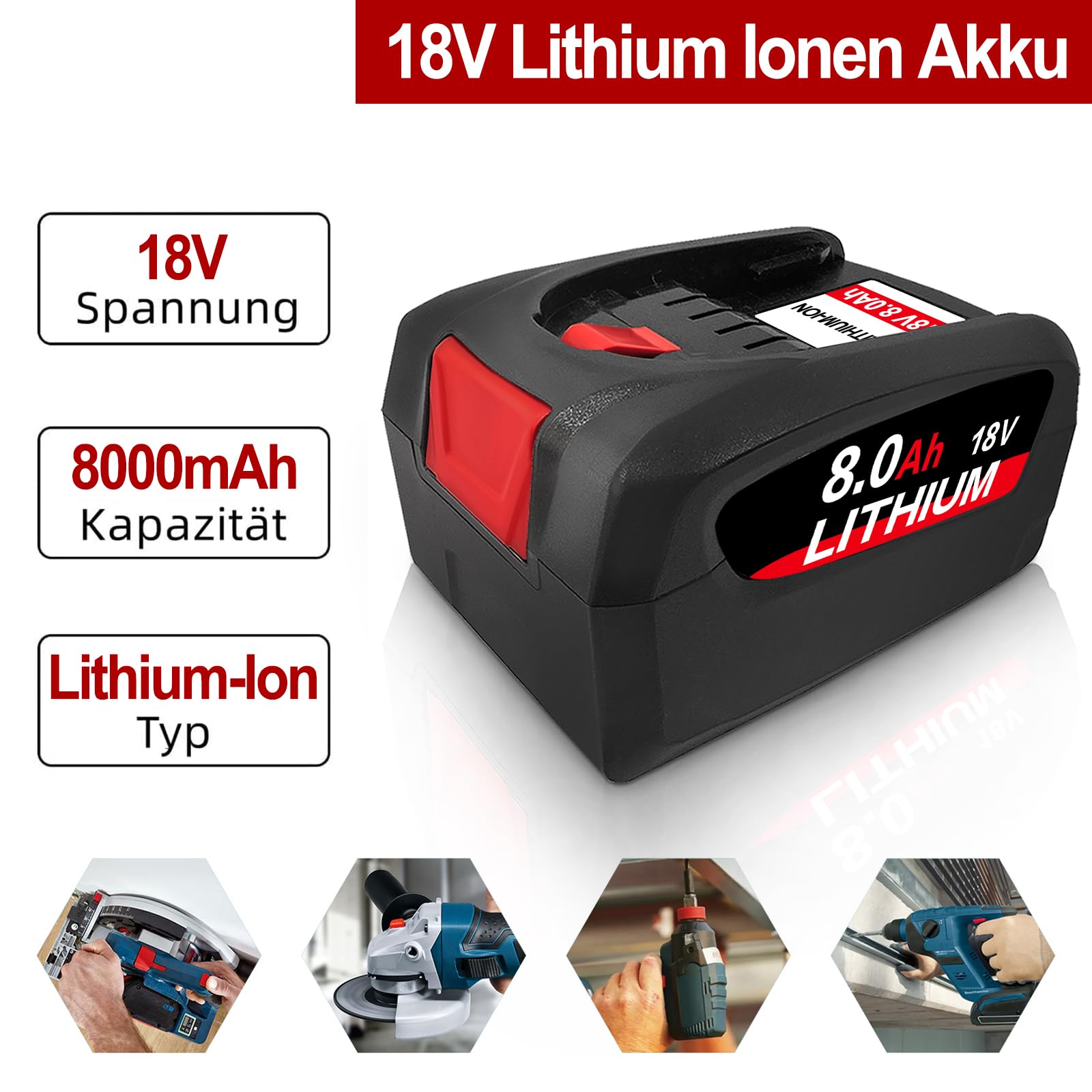 2 Stück 8000mAh Ersatzakku für Bosch akku 18V PBA,Kompatibel mit 18V Green Werkzeugen Haus und Garden18V System, Ersatz für Gardena18V (8.0-2 Packs)