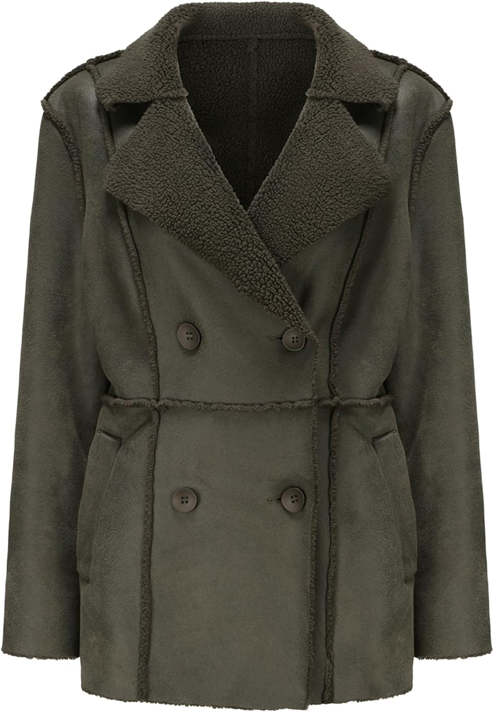 Women's Fashion Faux Fur Lapel Double-Breasted Thick Wool Trench Coat Winter Warm Breasted Pea Casual Thicken Jacket