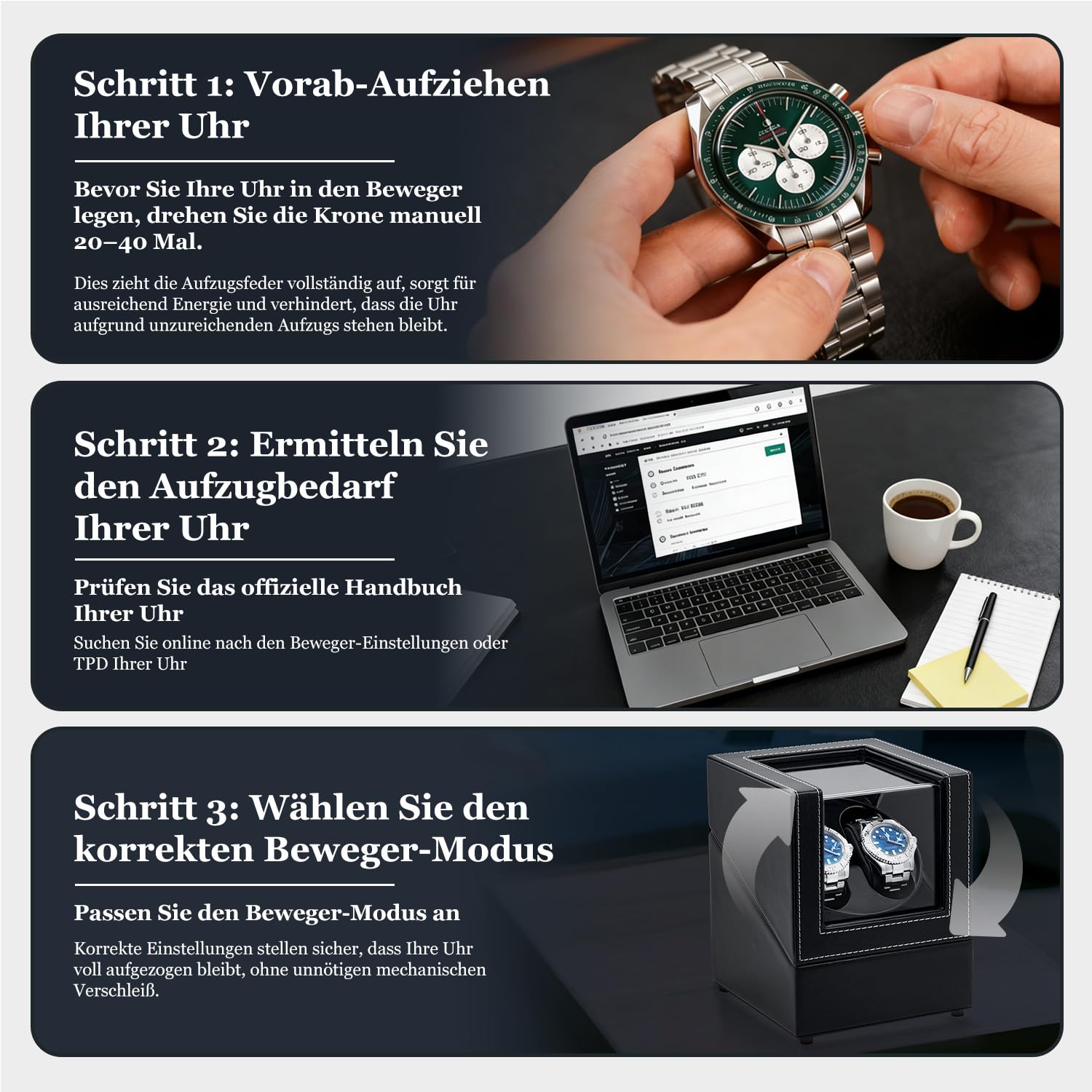 Mcbazel Uhrenbeweger 2 Uhren, Watch Winder für Herren und Damen USB-C Aufladung Uhrenbeweger Automatik TPD 970-2430 Zwei Wickelschwingmodi für Automatikuhren PU Leder - Schwarz
