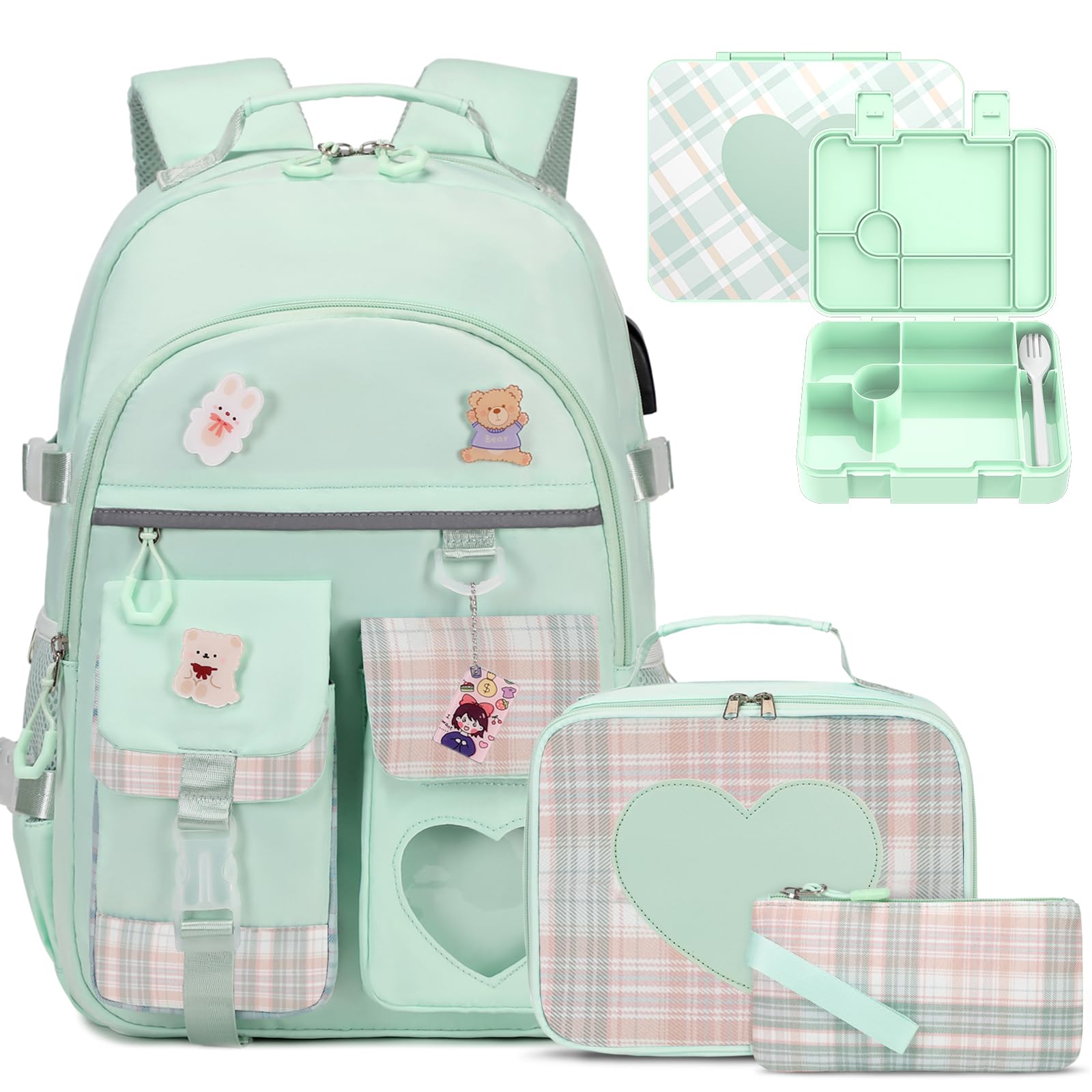 ACESAK Girls Backpack - Bento Box with Insulated Lunch Bag Pencil Case & Utensils Set for Kids, 6 Leakproof Compartments Removable Tray Lunches or