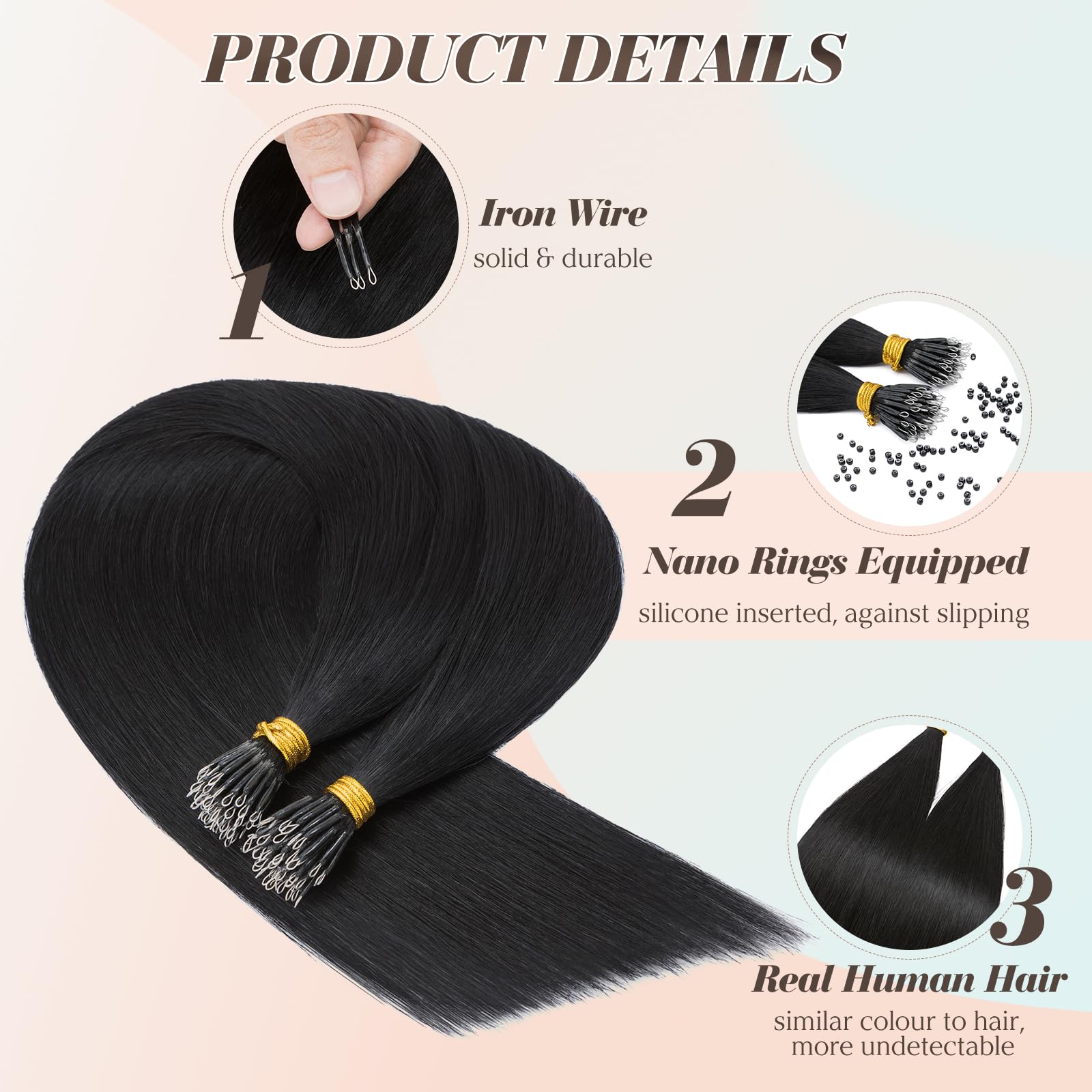 Benehair Nano Loop Hair Extensions Soft Invisible Straight Real Remy Human Hair #1 Jet Black Nano Bead Extensions 50 Strands - Image 3