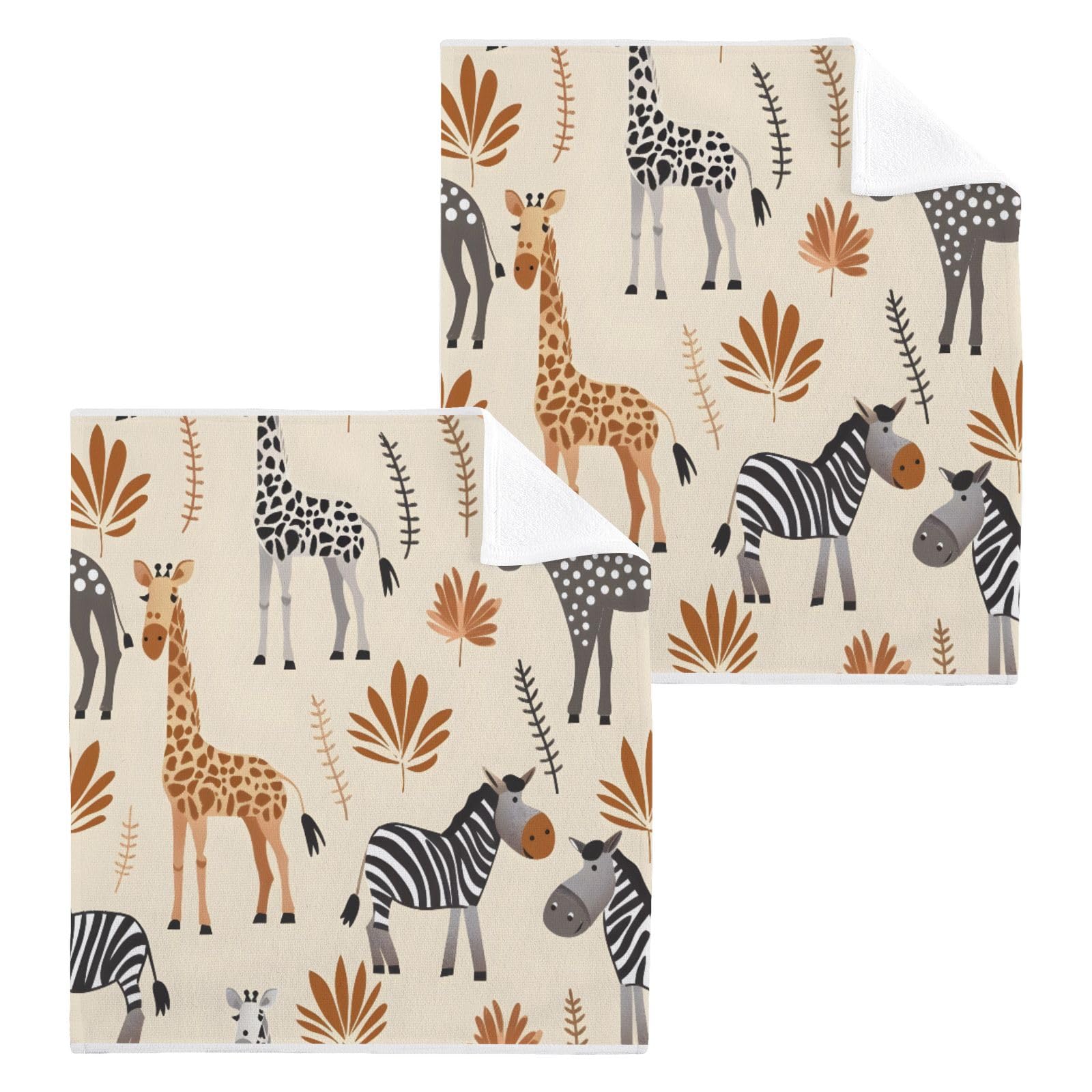 ALAZA Wash Cloth Set 100% Cotton Fingertip Towels Face Cloths Sets Zebra Girraffe Highly Absorbent Soft Feel Set of 2