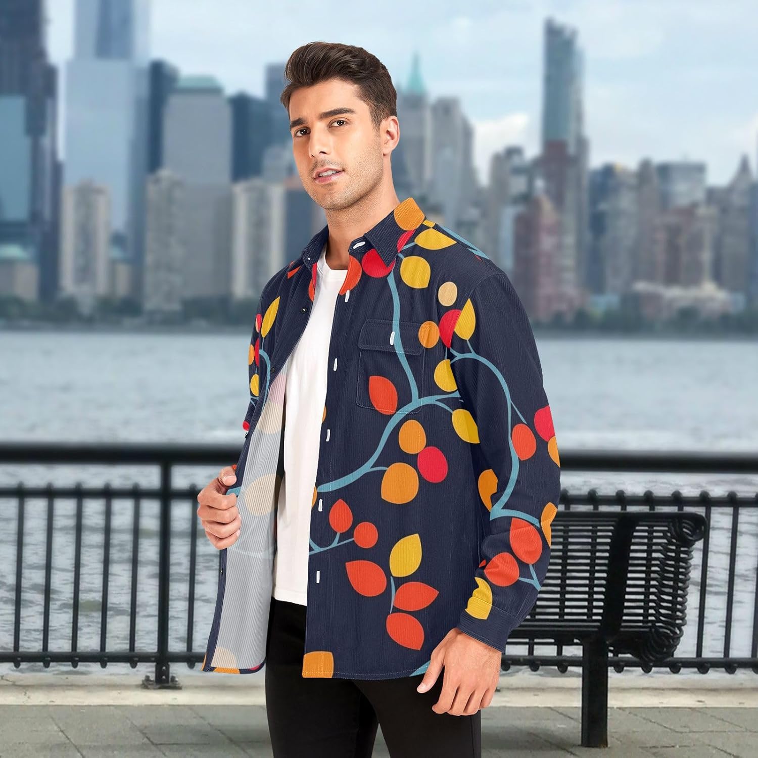 Orange-red Leaves Woolen Cord Fabric Mens Rugby Shirts Long Sleeve for Women Beach with Pockets
