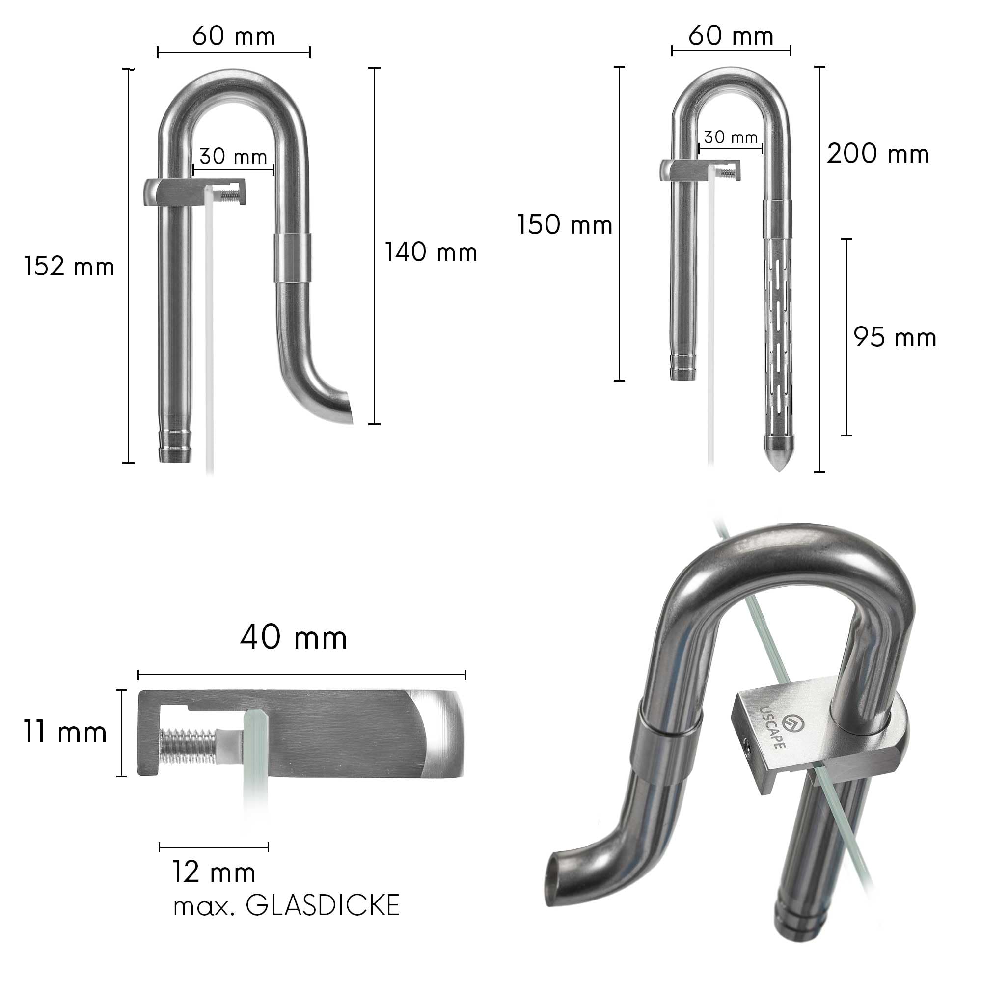 Mini tubo de filtro de acero inoxidable | Set de entrada y salida | Inflow-Outflow | Compatible con mangueras de filtro de 12/16 mm | con fijación de aluminio