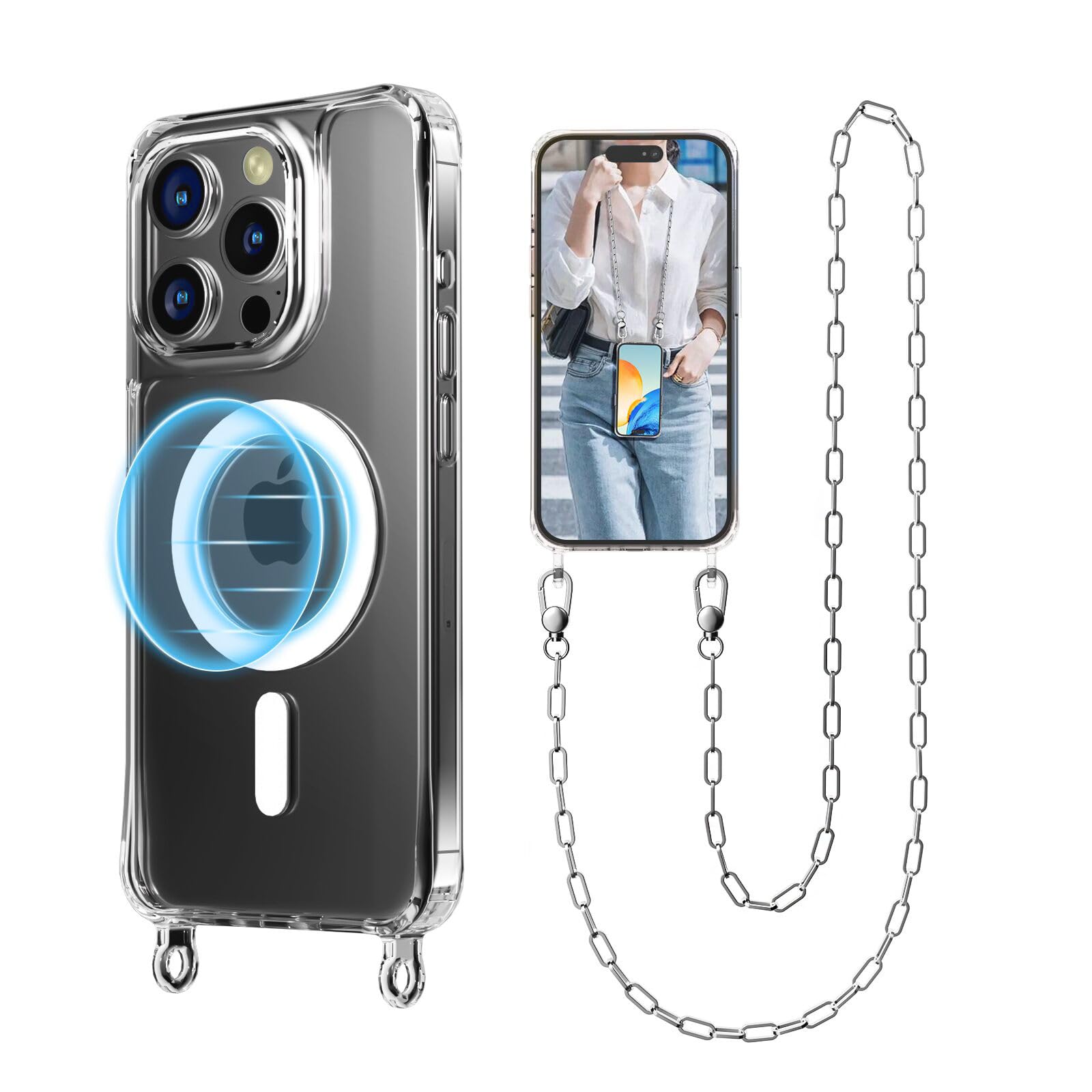 UnnFiko Crossbody Phone Lanyard for iPhone 16 Pro Max Case Compatible with Magsafe Clear, Metal Phone Strap Phone Case Shockproof Protection, Magnetic