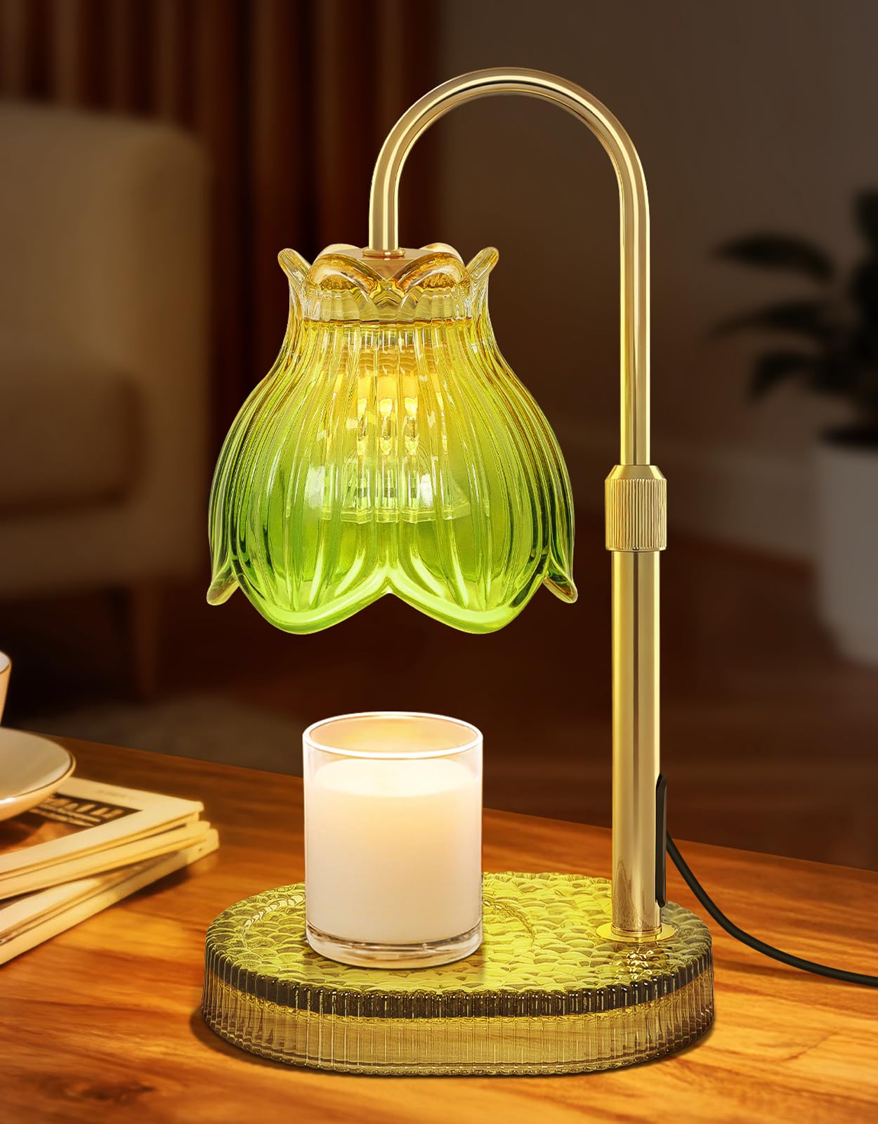 OUTON Candle Warmer Lamp with Timer, 4 Level Dimmable, Height Adjustable, Glass Base, Flameless 2 Bulbs for Home Office Fragrance Decor, Green