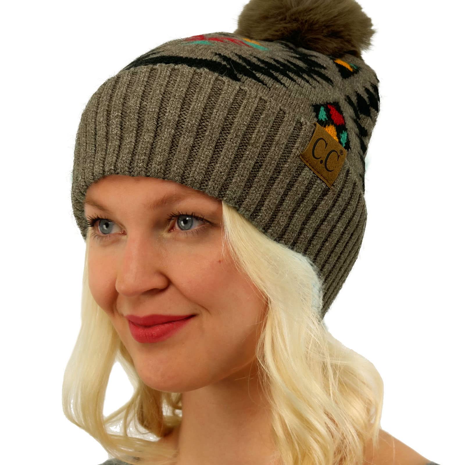 C.C Fur Pom Winter Fall Trendy Chunky Stretchy Cable Knit Beanie Hat (Aztec Taupe)