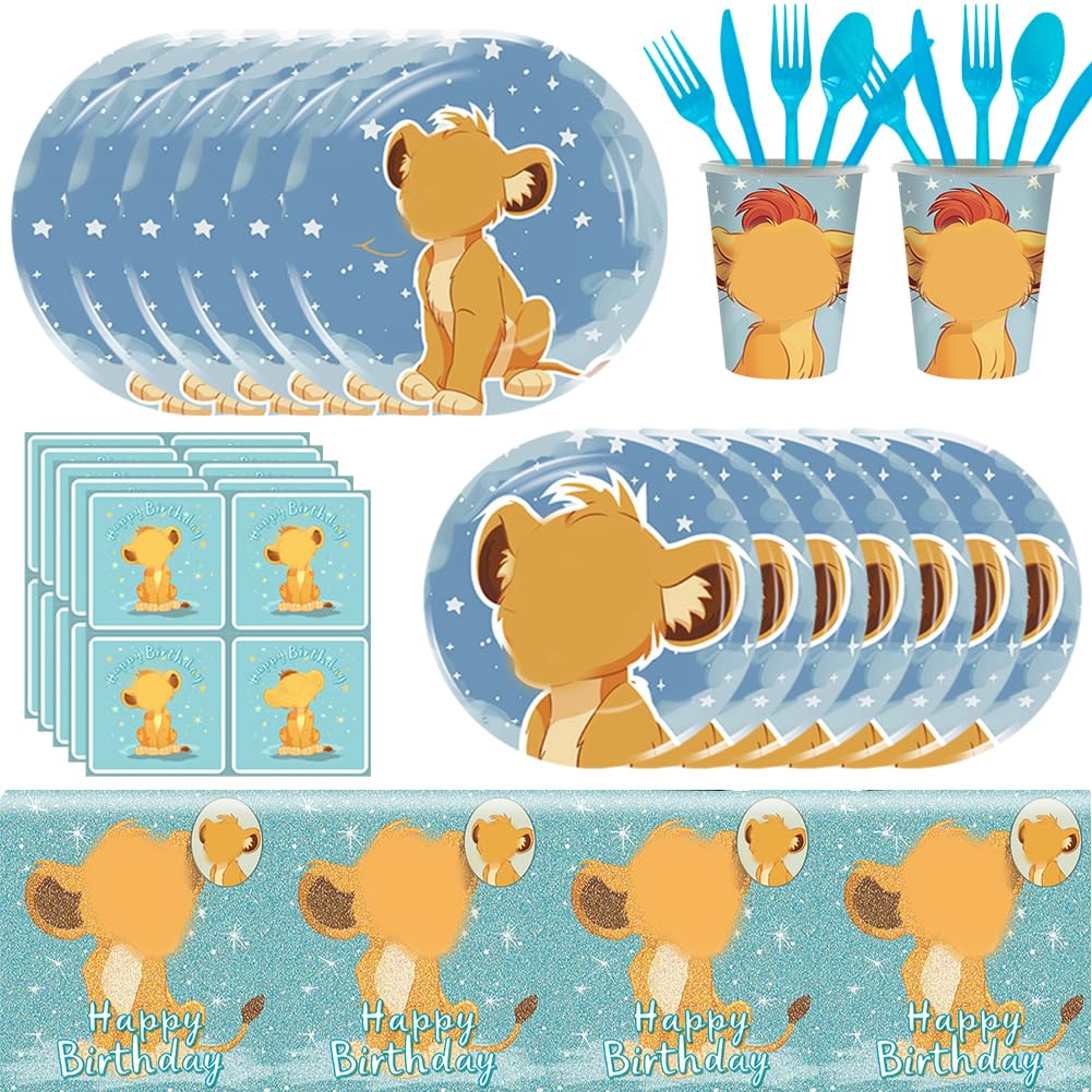 BXZGLHF81pcs Lion Party Tableware,Cartoon Animal Birthday Party Decoration Jungle Lion Paper Table Decoration Kids Birthday Decoration Paper Cups Plates Napkins Party Supplies For 10 Guests