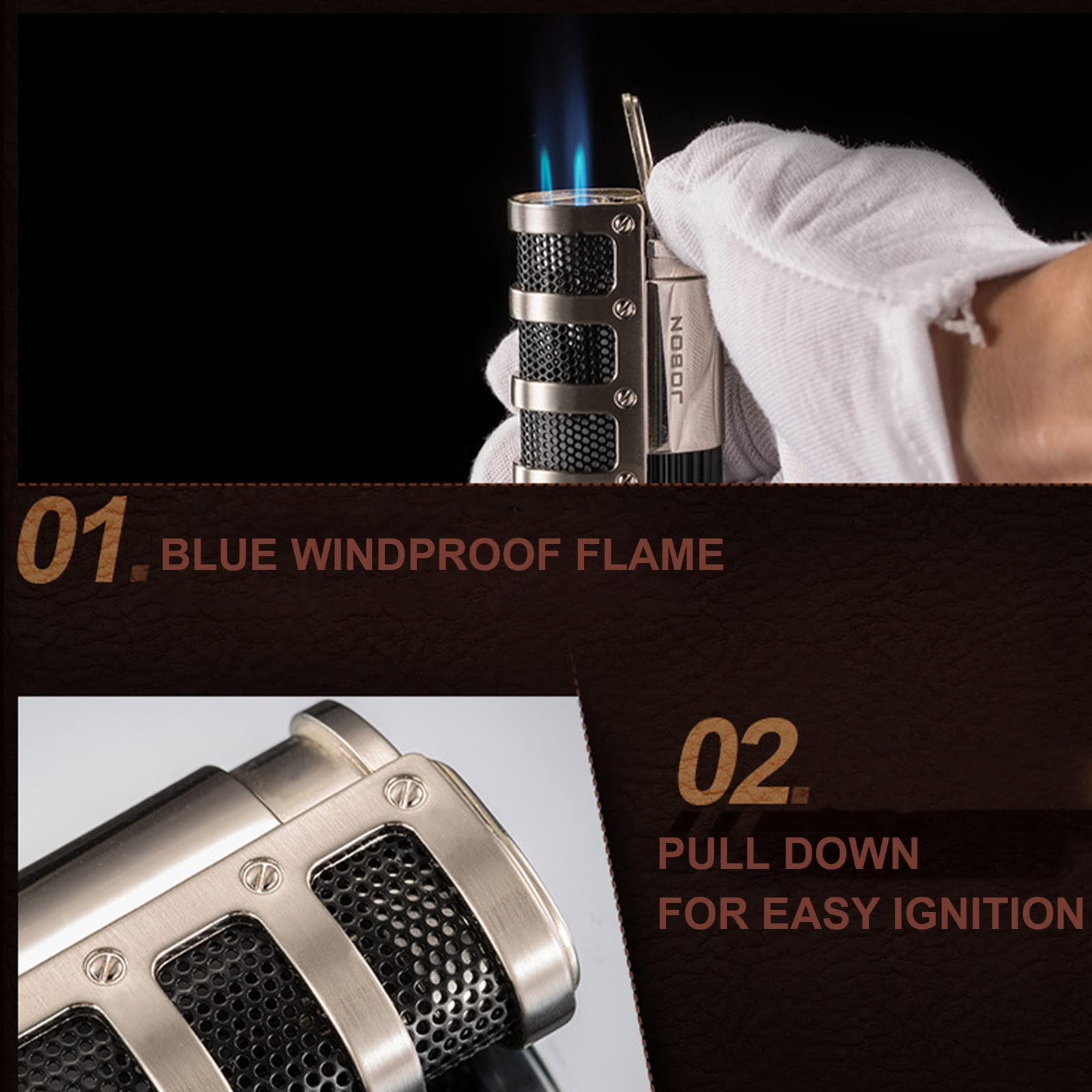 Briquet Torche Rechargeable Triple Jet Bleu Flamme Briquet Butane Réglable Coupe-Vent Allume-Cigare Accessoires Fumeurs Gadgets pour Hommes