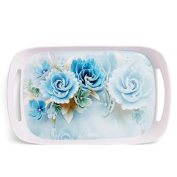Melamine Serving Tray | Blue Floral Design | Ideal Tray for Serving Snacks/Tea/Coffee | Medium Size Tray (38 * 27 cm) Pack of 1