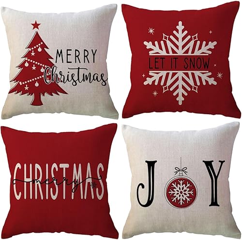 Juego de 4 fundas de almohada rojas con texto en inglés "Merry Christmas" para árbol de Navidad, decoración navideña de 18 x 18 pulgadas, para sofá,