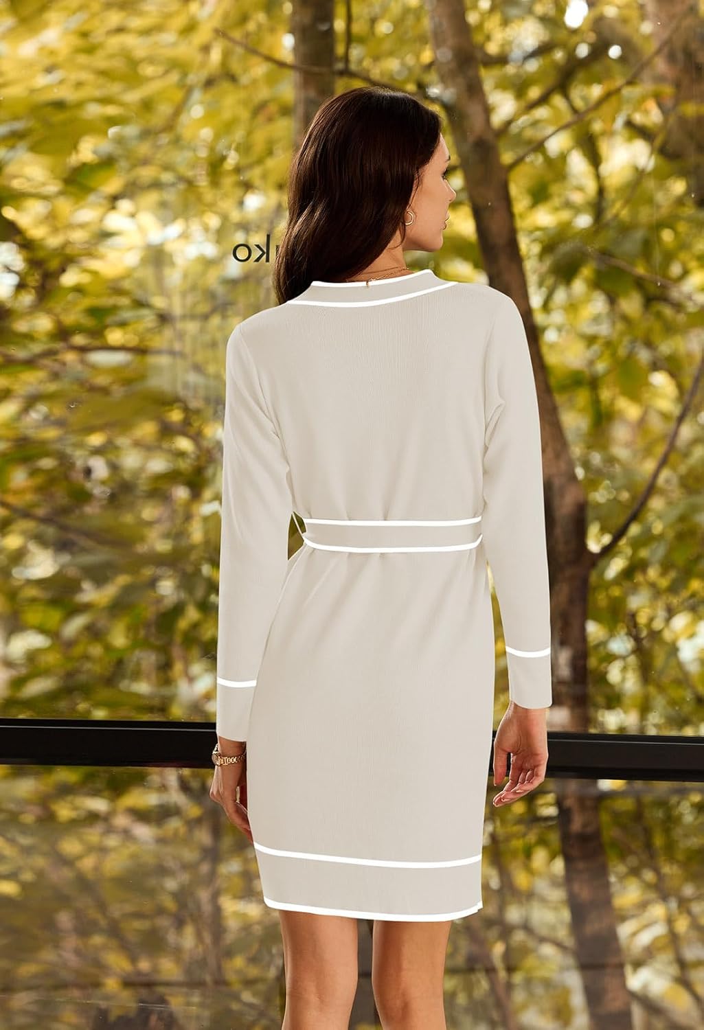 Pink Queen Women's Long Sleeve Button Down Sweater Dress Elegant V Neck Open Front Color Block Knit Cardiagns with Belt - Image 5