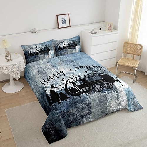 Miniatura 8 de Juego de edredón de campamento para niños y adultos, juego de ropa de cama de pintura al óleo verde azulado, tamaño King, relleno de edredón rústico