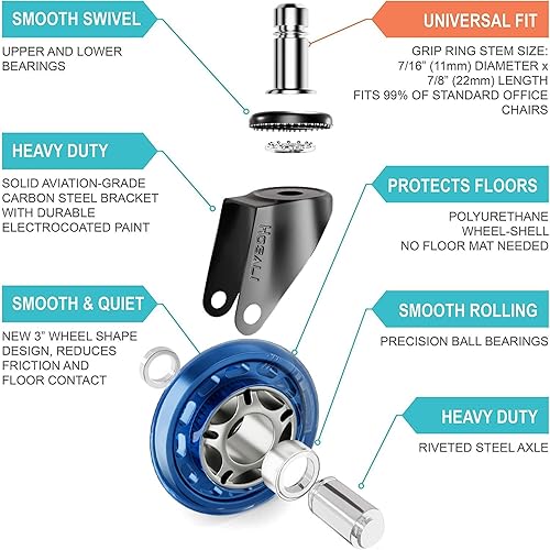 Miniatura 22 de Ruedas para silla de oficina de 3 pulgadas, ruedas de goma de repuesto, ruedas de escritorio para juegos de computadora de alta resistencia, rueda