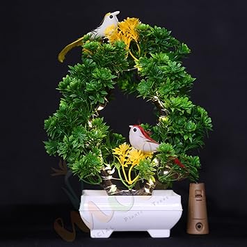 Modo Artificial Bonsai Plant with Sparrow - 'Living Room' Dining Table Decor |Home,Office Party Decor |Speacial Ocassion Decor | Festival Theme Decorative | Green & Yellow Color with LED Light