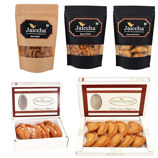 Ghasitaram Gifts Holi Sweets Holi Sweets Holi Hampers Best of 5 Traditional Gujiyas, Dry Sweet Gujiyas, Gujiya Namkeen Pouch, SOYA Sticks Pouch, Farsaan Samosa Pouch