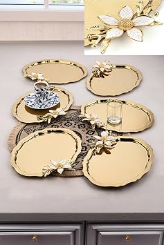 6 Adet Oval Papatya Çiçekli Kahve-Çay Servis Ve Sunum Tepsisi 25X20 Cm, Gold