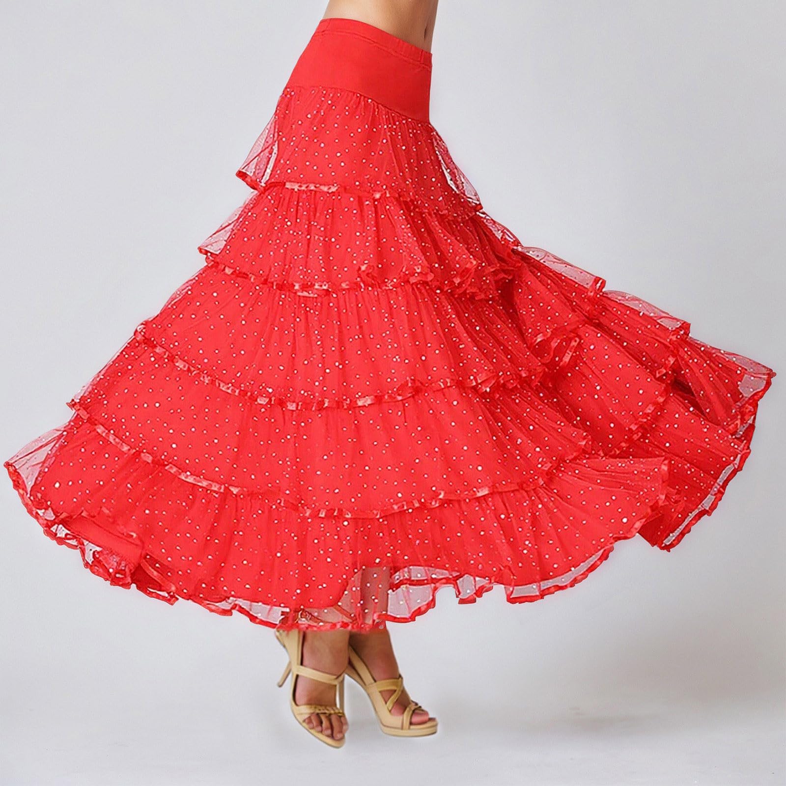 Jupe en tulle pailletée pour femme, longue, élégante, taille haute, ligne A, jupe midi à paillettes, jupe midi avec taille élastique, jupon rétro, jupe de danse de ballet avec ourlet évasé, costume de