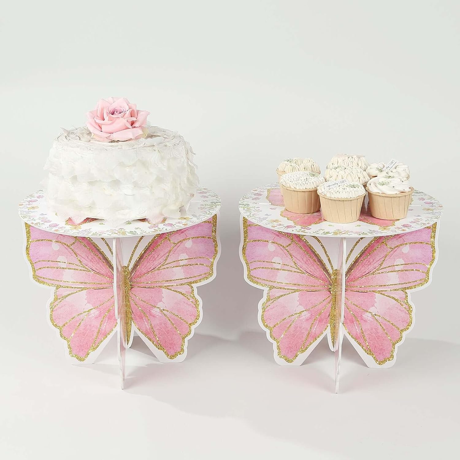 Efavormart 2 Pack White Pink Glitter Butterfly Cake Stands, Floral Print Foam Board Cupcake Dessert Holder Display Stands - 12"