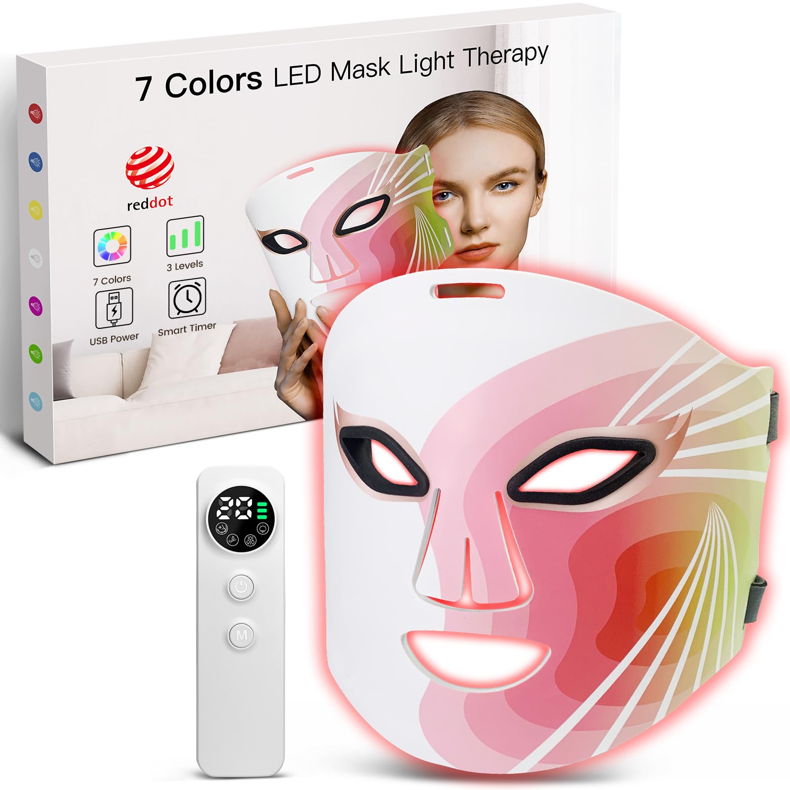Red Light Therapy for Face, 7 Colors Infrared LED Face Mask Light Therapy, Portable Rechargeable Red Light Therapy Mask Beauty Device at Home and Travel for Facial Rejuvenation, White