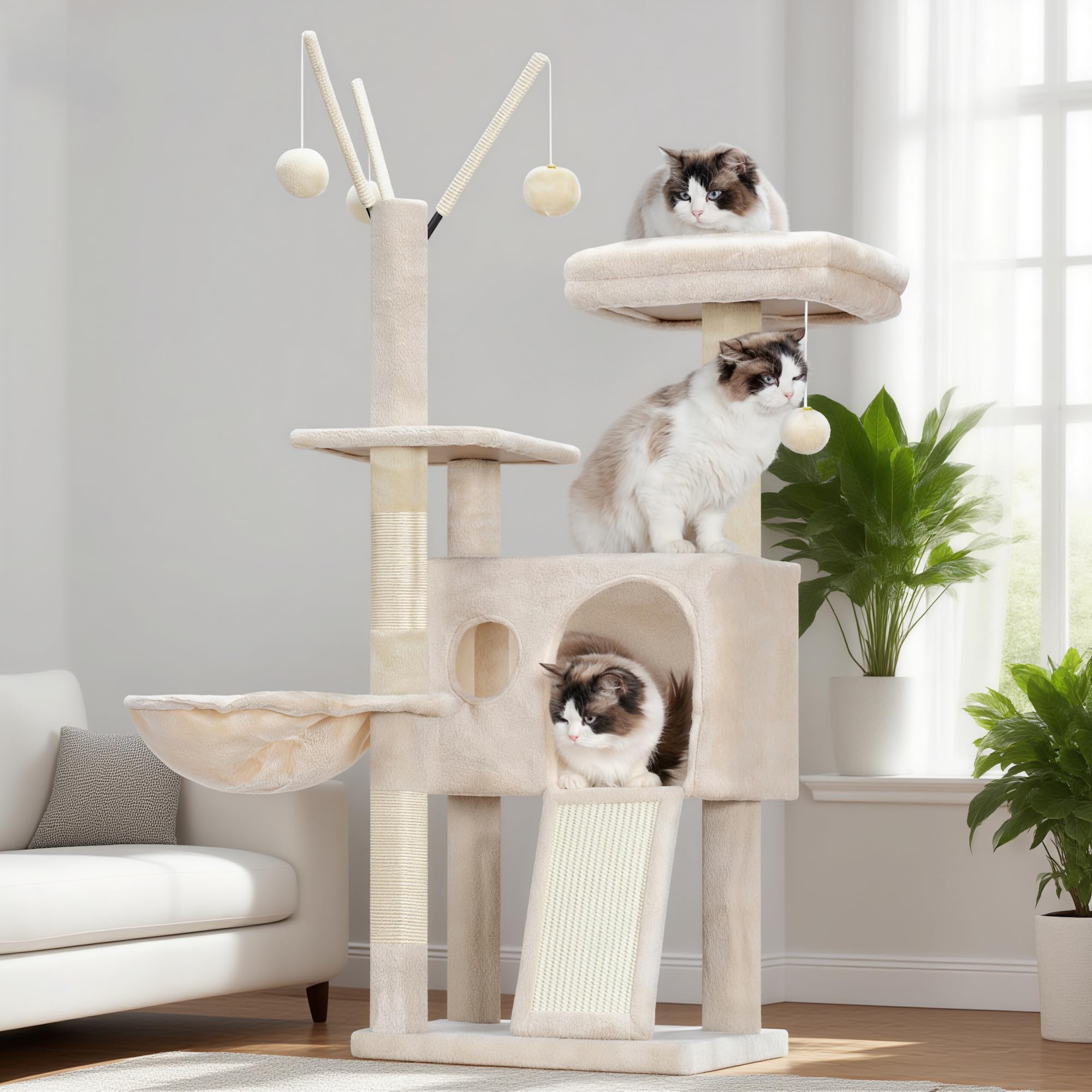 Hey-brother Rascador para Gatos, con Juguetes Extraíbles,Cueva, MPJ008SM | 100cm Árbol Rascador Para Gatos, con Cesta, Plataforma,Rampa Rascadora, para Gatitos de Interior, Beige