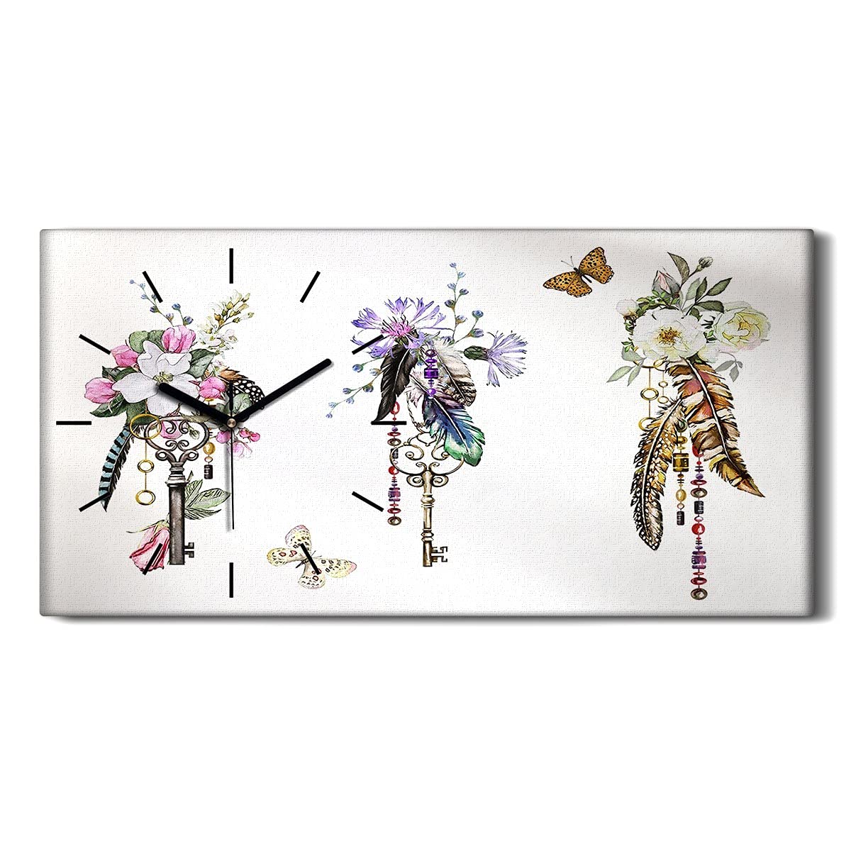 Horloge sur toile silencieuse sans tic tac art moderne clés fleurs salon