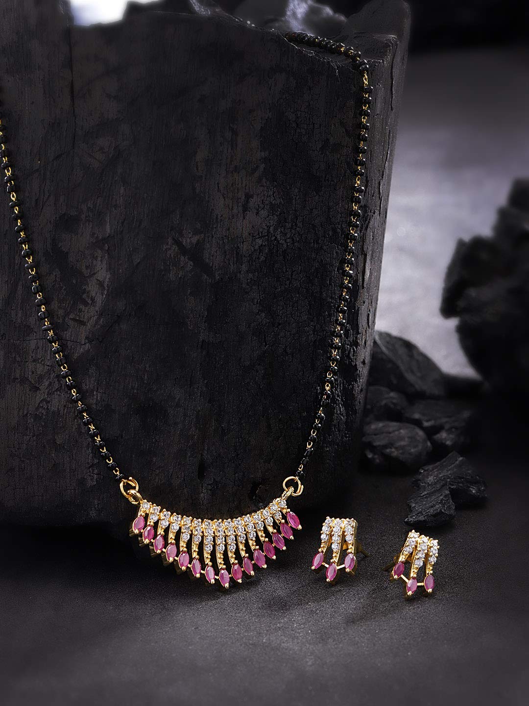 Gold-Plated American Diamond & Ruby Studded Mangalsutra Set with Earrings