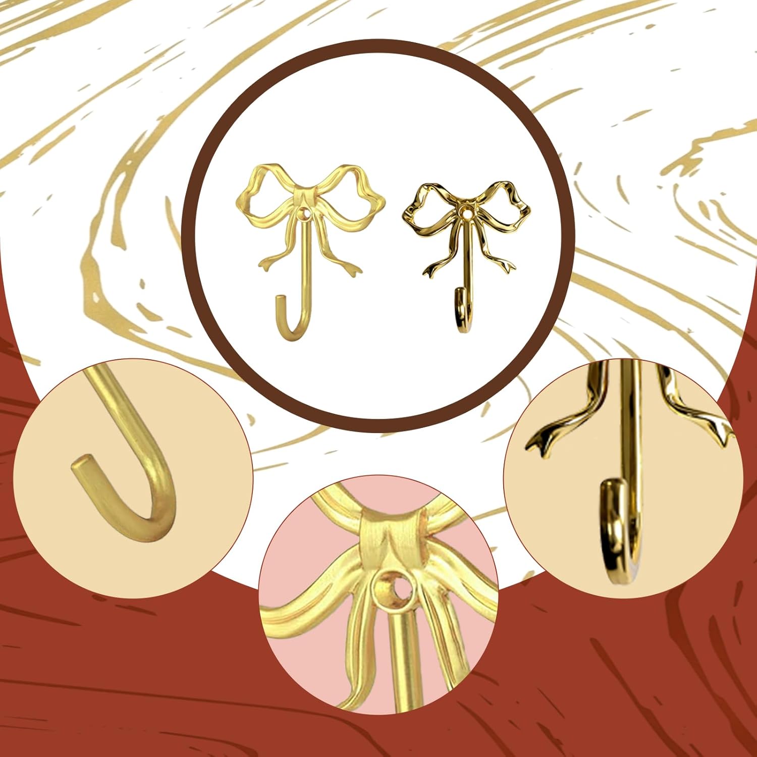 Decorative Bow Wall Hooks, Brass-Gold Metal Coat Hooks for Keys, Jewelry, Clothes, Home Decor - Screw Mounted, Iron Alloy, 2 in X 2.6 in X 0.8 In, 2 Pack (Four large sizes and two small sizes)