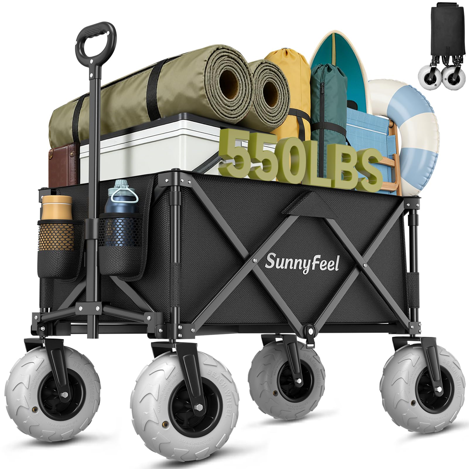 SUNNYFEEL Carro de playa resistente de 41 pulgadas de largo y 550 libras con neumáticos de globo de 9 pulgadas, carrito plegable de 200 L con bolsillo lateral y frenos para camping, deportes, jardín