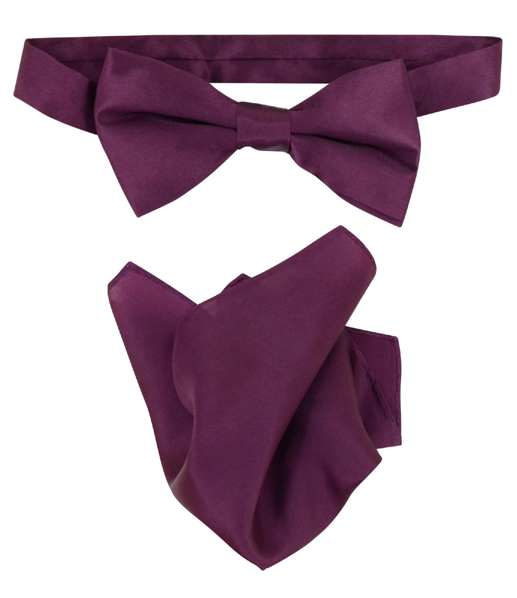Biagio 100% Silk BowTie Solid Eggplant Purple Color Mens Bow Tie & Handkerchief