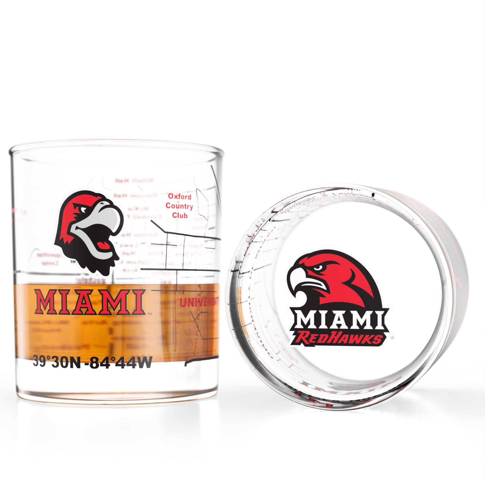 Greenline Goods Miami University RedHawks Whiskey Glasses Set of 2, 10 oz Rocks Glasses with Full-Color Logo &amp; Campus Map – Officially Licensed Bourbon Glass Gift for Alumni &amp; Fans