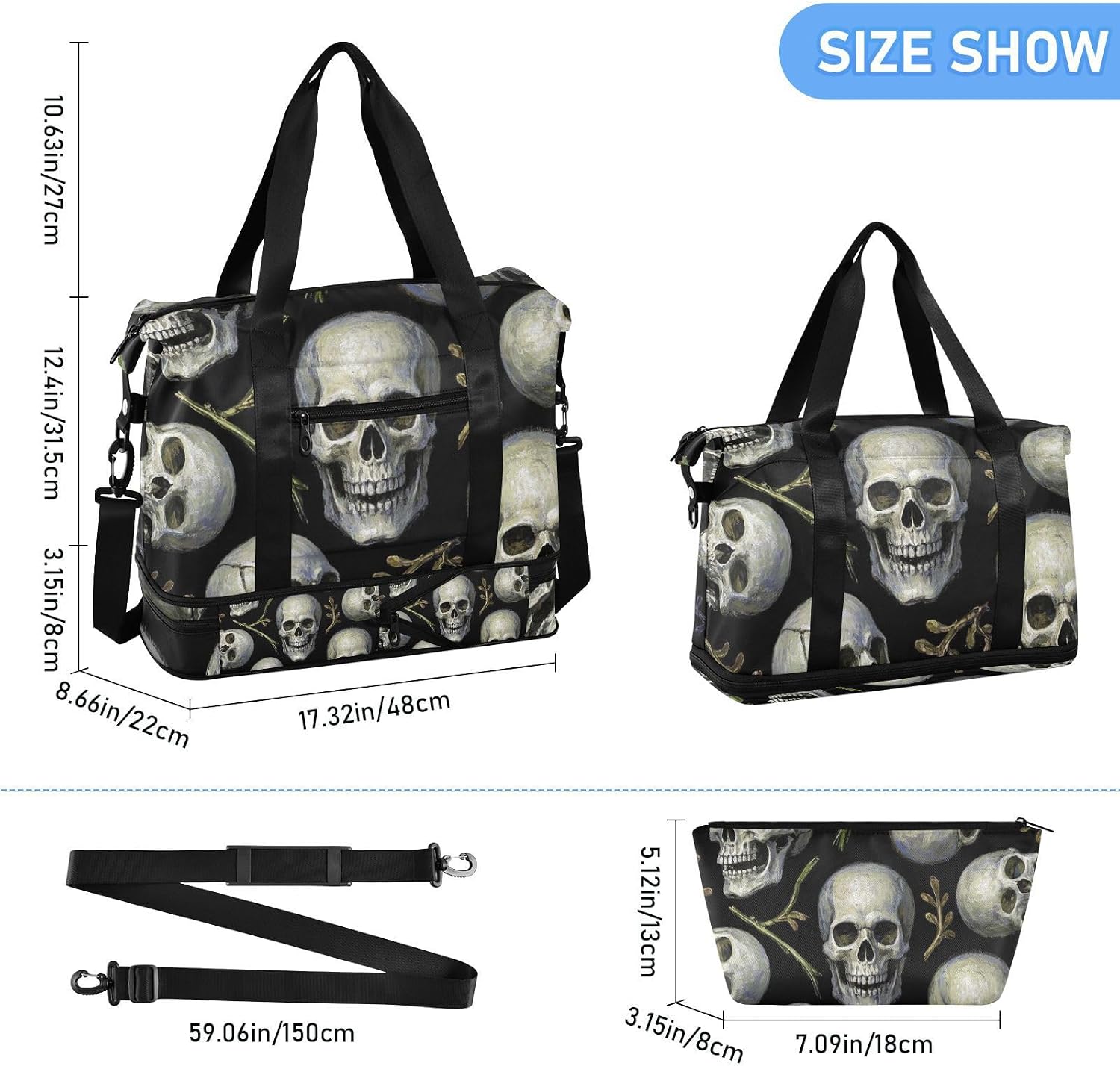 White Skull Sports Tote Gym Bag Weekender Bag with Toiletry Bag for Trip Large Capacity