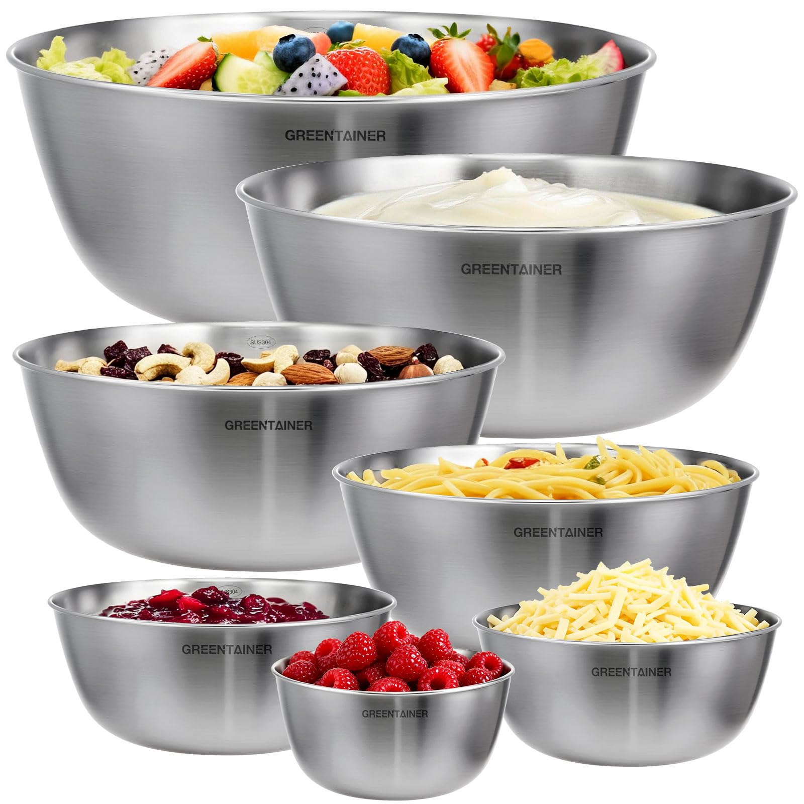 Greentainer Stainless Steel Mixing Bowls Set for Kitchen, 5.2L Nesting Bowls for Salad, Baking, Prepping, Cooking and Serving Food Prep, Metal Mixing Bowl Dishwasher Safe, 7 PCS