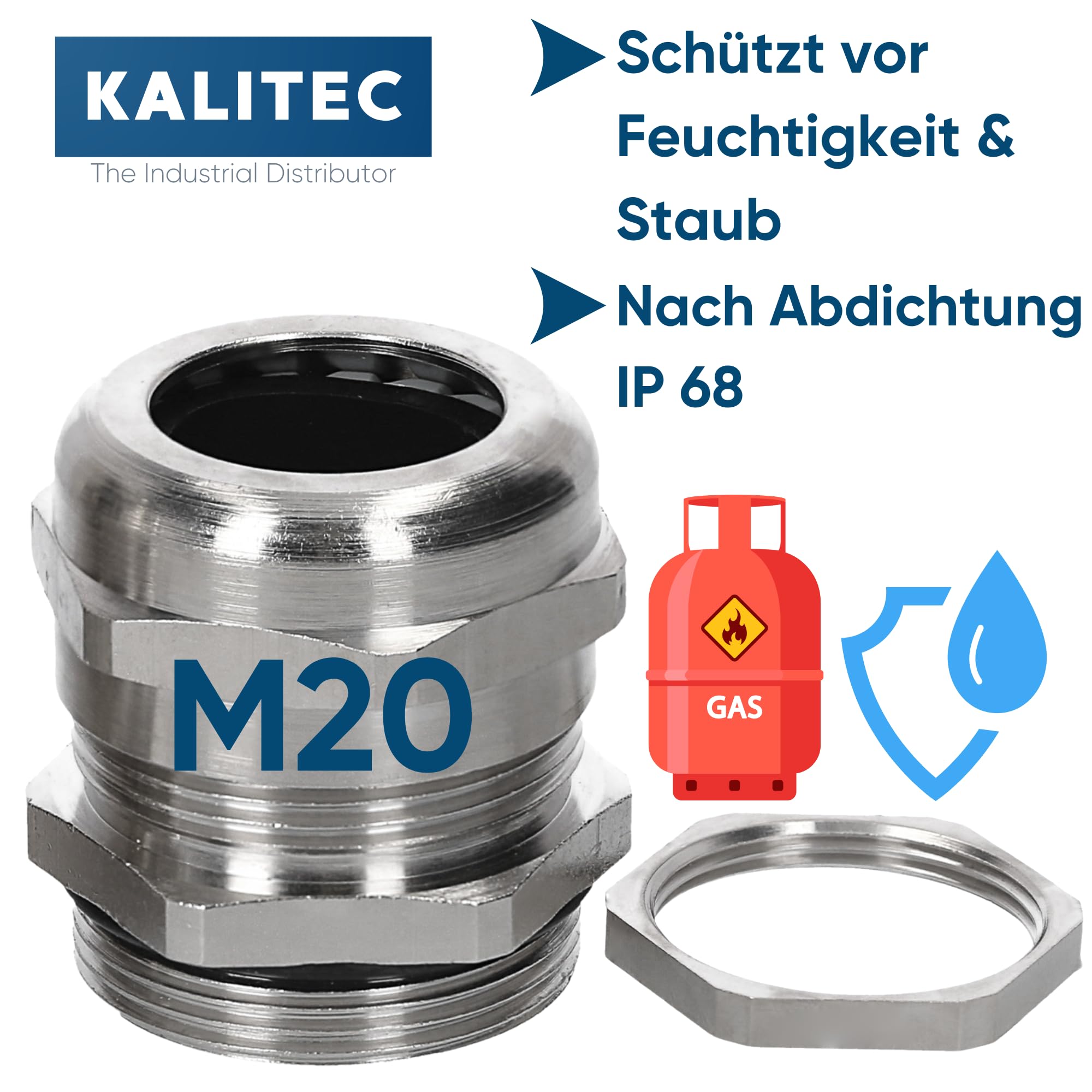 Kalitec 5x Presse-Étoupe M20 en Laiton - Passe-Câble Étanche IP68 | Plage de serrage 7-13 mm, avec contre-écrou, raccord vissé métallique robuste et étanche au gaz pour armoire électrique