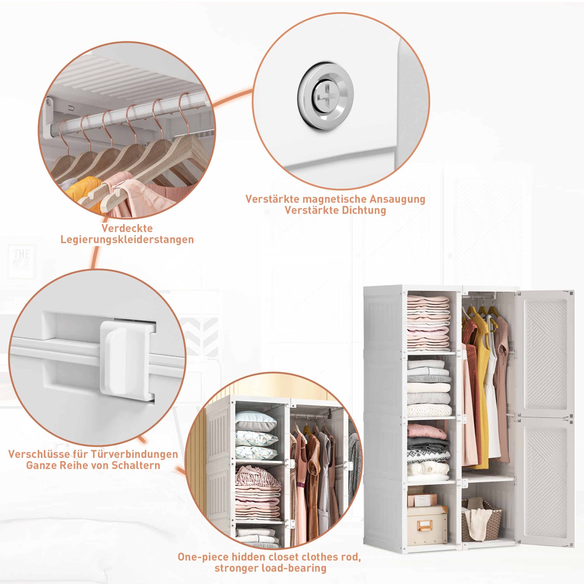 MINGZHE Tragbarer Kleiderschrank mit transparenten Türen, 69x136x50cm, Schlafzimmerschrank, 8 Fächer, 6 Türen und 1 Kleiderbügel, Aufbewahrungsschrank, Magnetverschluss, weiß
